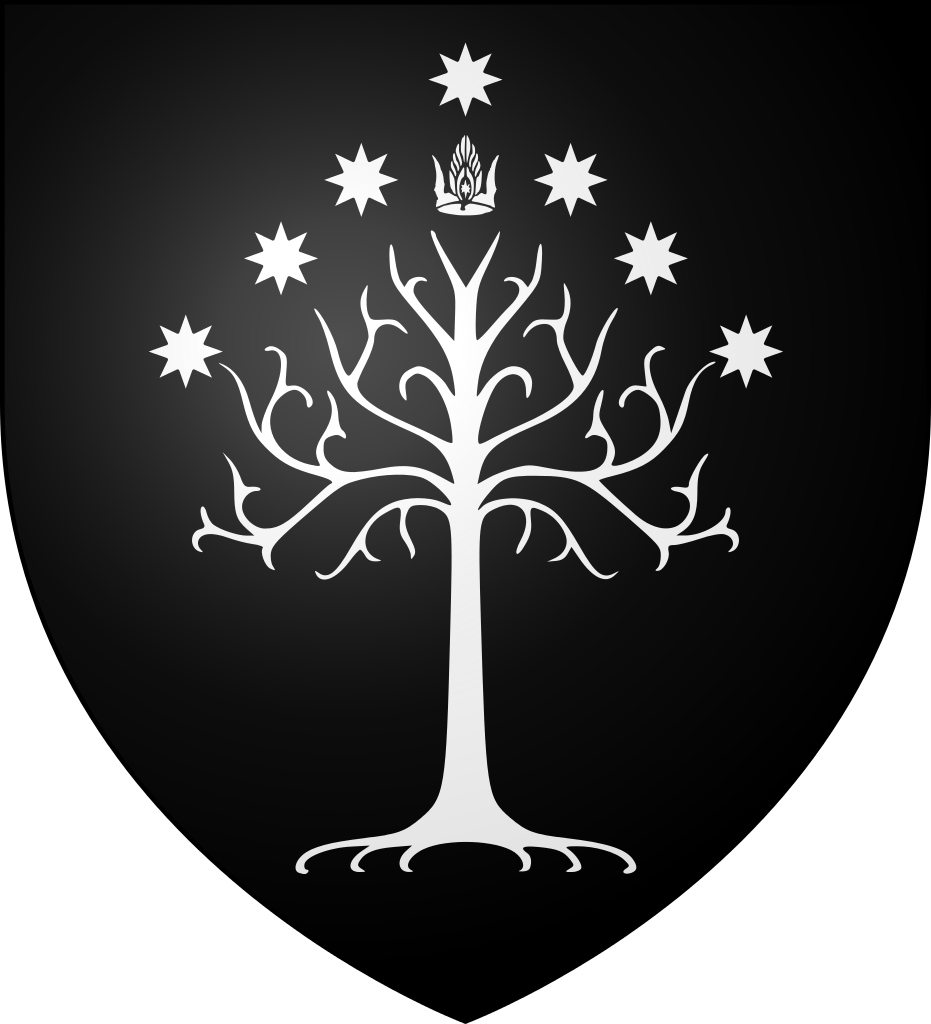 L'arbre blanc du Gondor, descend en réalité de Telperion, arbre des dieux, planté en Valinor, ce n'est que par de nombreuse péripétie qu'une pousse de cette arbre est planté en Minas ithil pour la 1ère fois.  C'est pour cela que l'arbre représente la famille royale. Plus tard, une couronne sera positionné au dessus de l'arbre, représentent la royauté suprême.